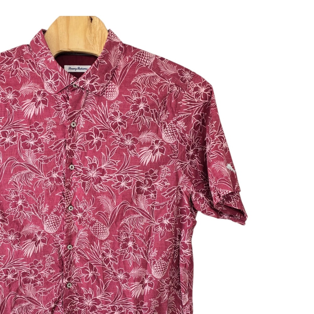 Tommy Bahama Mens XXL Pima Cotton Tropical Pineapple Floral Shirt Burgundy Short